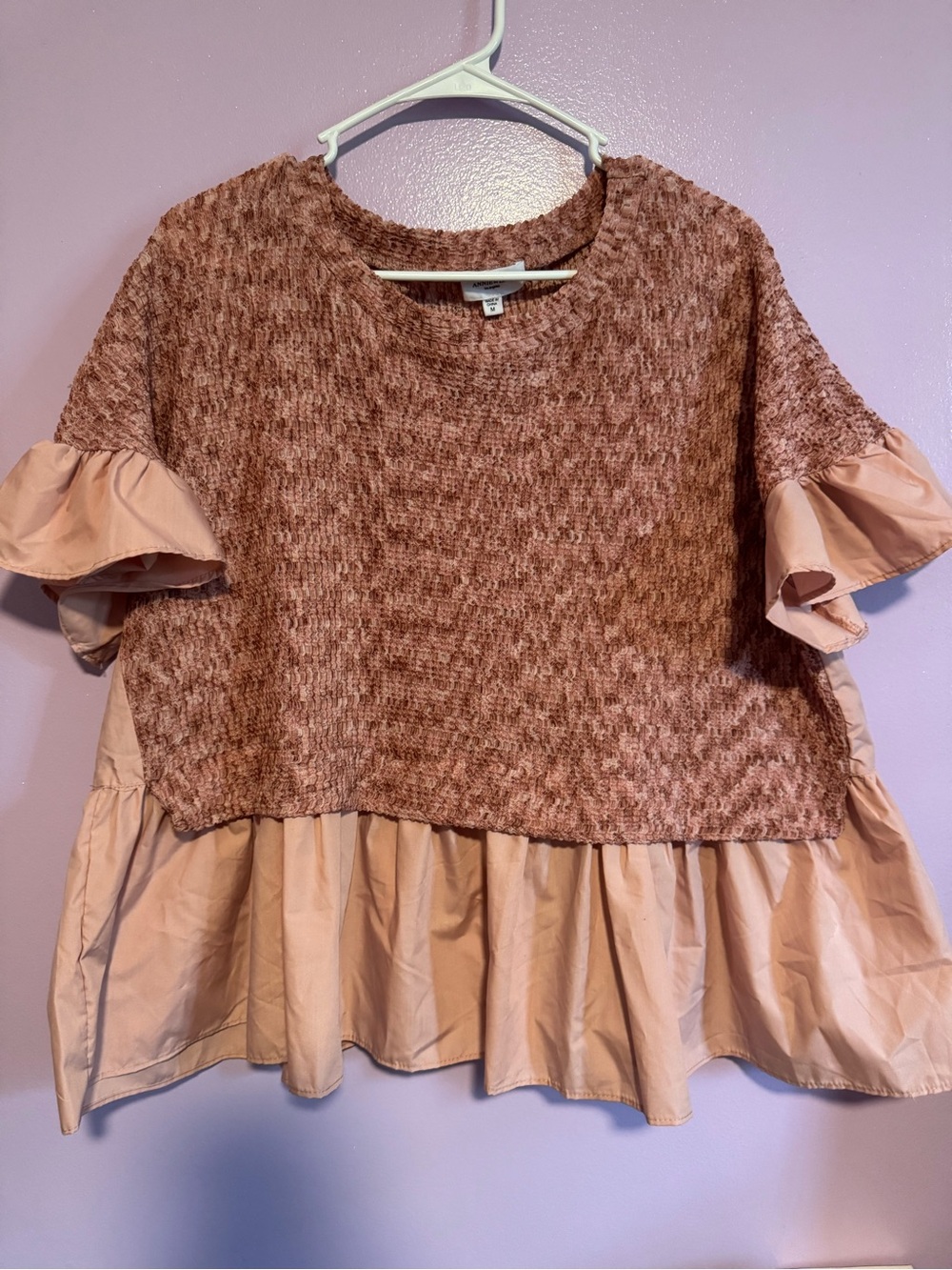 Textured Knit and Ruffle Hem Tunic Top in Peach